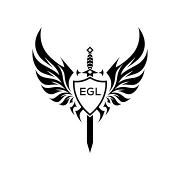 EGL Winged Sword and Shield Logo Design with Tribal Style, EGL Later Logo, Black and White Heraldic Emblem with Wings and Sword.
