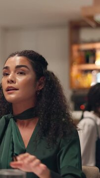 Fight, waiter and complaint with woman in restaurant for conflict, poor quality and wrong food order. Service fail, negative rating and critic feedback with people at table for fine dining problem
