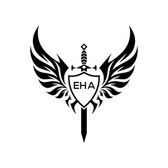 EHA Winged Sword and Shield Logo Design with Tribal Style, EHA Later Logo, Black and White Heraldic Emblem with Wings and Sword.
