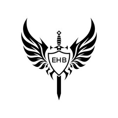 Obraz premium EHB Winged Sword and Shield Logo Design with Tribal Style, EHB Later Logo, Black and White Heraldic Emblem with Wings and Sword. 