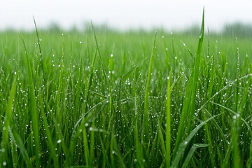Obraz premium Detailed view of a dewy blade of grass in a lush landscape