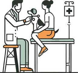 Veterinarian examining dog with owner present in clinic illustration vector design
