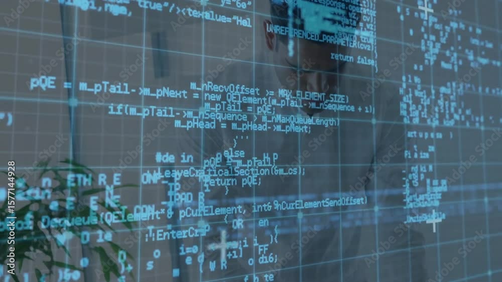 Aufkleber programmer typing on keyboard over translucent grid and causing scrolling code fragments updating
