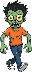 Cartoon zombie boy with green skin, orange tattered shirt, messy black hair, undead expression, Halloween costume, creepy scary character illustration, vector art