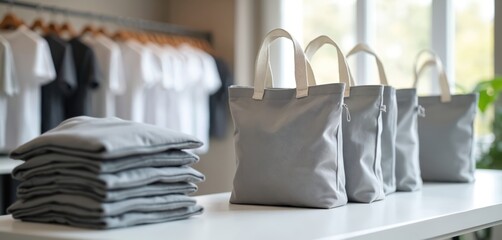 Company prepares promotional items, swag kit, branded merchandise for event. Corporate gifts, custom apparel, product, logotype, item, caterer concept on light gray table with folded clothes, white