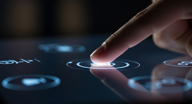 Finger presses illuminated button on futuristic touchscreen, showcasing technology and human interface, emphasizing modern control.