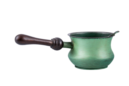 a green cup with a wooden handle