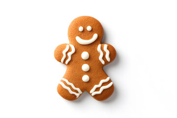 Obraz premium Gingerbread man cookie with white icing on clean background. Fun and festive holiday dessert ideal for Christmas themes and food illustrations. Cute and recognizable treat.