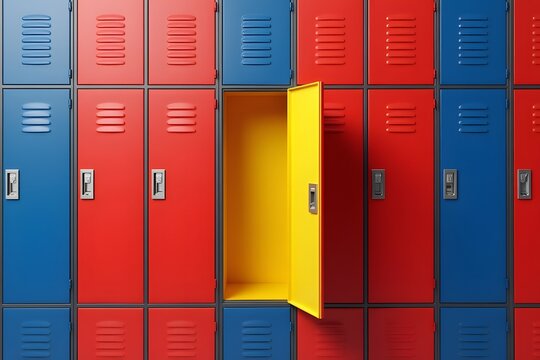Geometric pattern of red and blue lockers with one bright yellow door open, creating a striking contrast