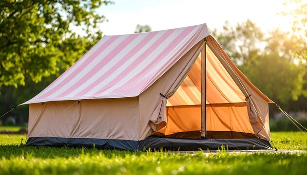 Striped camping tent in a grassy field - Powered by Adobe