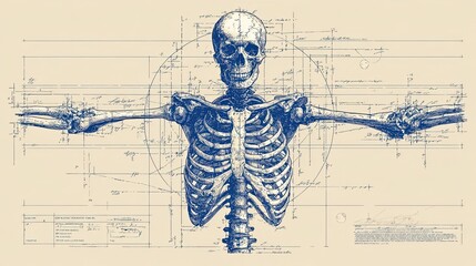 Vitruvian man skeleton study anatomical drawing, classic human proportion study for medical, art, and educational design use