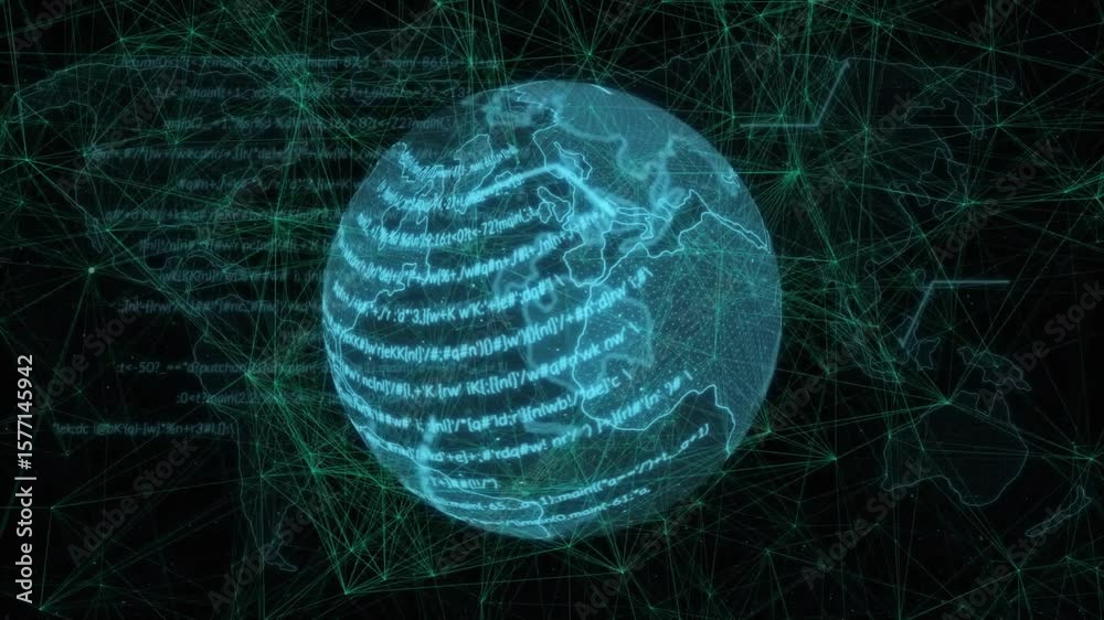 Poster globe rotating on start with code streaming around and arrow tracing flow then camera shifting