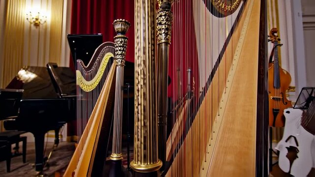 Two harps and a cello in a concert hall