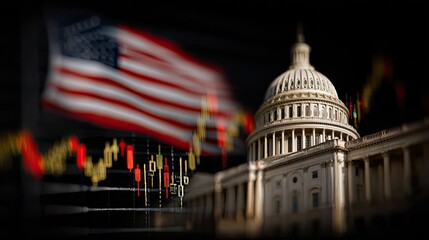 US Capitol with waving flag and stock trend lines, political economy, financial market and government policy