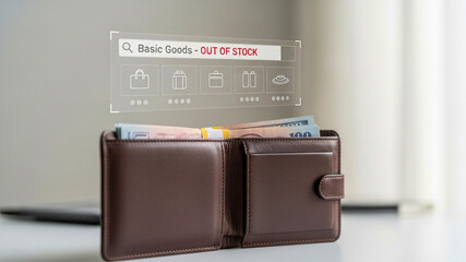 Inflation hitting consumer spending power, wallet with cash and out of stock notice for basic goods.