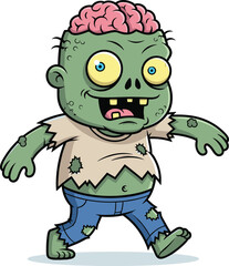 Funny cartoon zombie with big eyes, exposed brain, green skin, tattered clothes, walking animation, scary cute undead character, Halloween horror mascot vector art