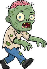 Cartoon zombie character walking with exposed brain, green skin, creepy eyes, torn clothes, horror illustration, undead creature vector, Halloween mascot, funny spooky monster
