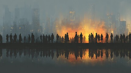 Urban silhouette group scene with diverse people against city backdrop, community teamwork concept for business, design ads