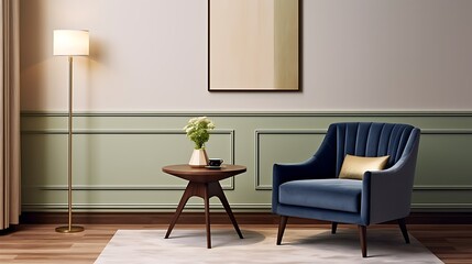 Luxury minimalist apartment interior with navy blue cushioned lounge, muted pastel green chair, warm beige wall texture, walnut side table, and elegant lighting fixtures, full-frame framing,