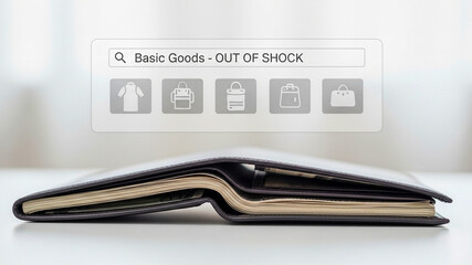 Financial concepts shown with wallet and money, with online shopping interface showing basic goods for a global business