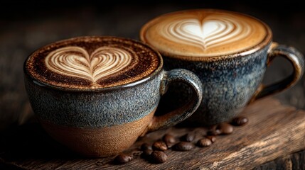 Two coffee latte art cups on wooden table with heart foam design, cozy cafe morning drink concept for food styling ads