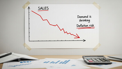 Declining sales are represented in a red line graph with decreasing demand and deflation risks, signifying a business downturn.