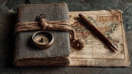 Travel essentials vintage map flatlay with compass and notepad, adventure planning journey background design for ads