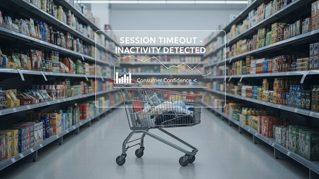 Supermarket aisle showcases consumer confidence data over a shopping cart, indicating session timeout inactivity within a retail technology context.