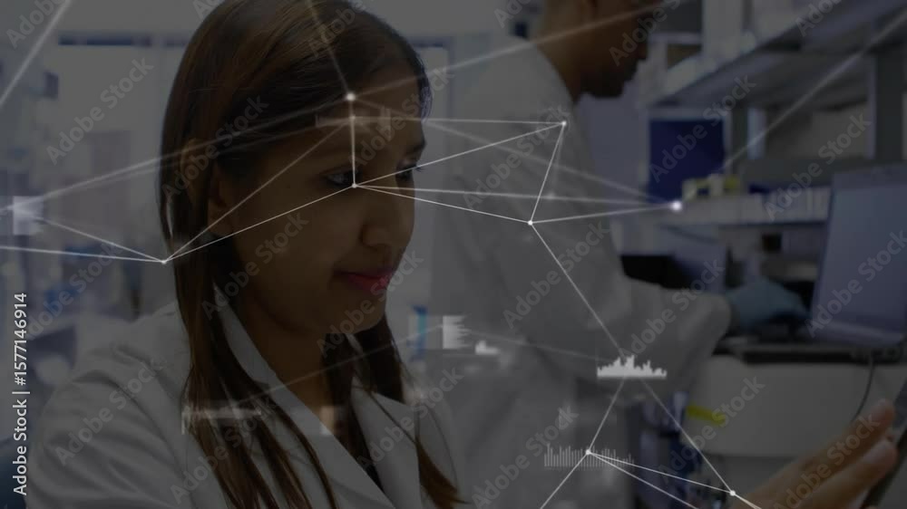 Poster lab scientist tapping tablet, starting network while team loading vials, tracking data for analysis