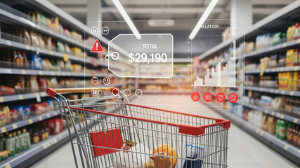 Shopping cart in a grocery store showing high grocery cost and inflation with augmented reality interface.