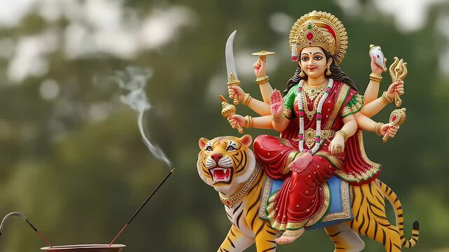 Vibrant Statue of Hindu Goddess Durga Riding a Tiger During Incense Ritual Against Blurred Green Background