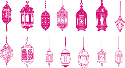 Fototapeta premium Collection of decorative Islamic lanterns in pink silhouette on white background