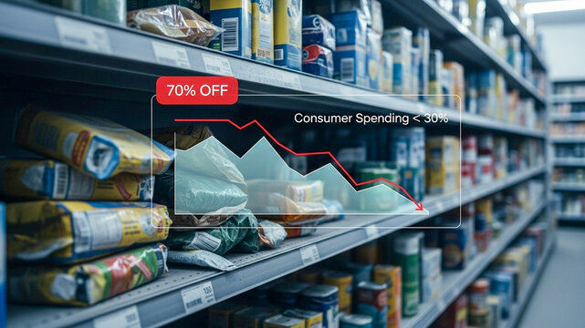 Falling consumer spending below thirty percent is shown with a graph on supermarket shelves.