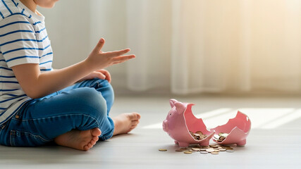 Upset child looking at a broken piggy bank with coins scattered on the floor depicting financial loss and savings gone