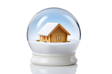 Glass snow globe with cozy winter house and pine trees inside. Perfect for festive scenes, holiday ads, and seasonal home decor mockups.