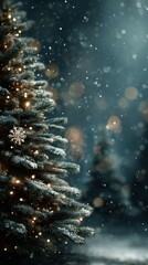 Snowflakes fall gently on a beautifully lit Christmas tree decorated with ornaments and surrounded by a festive atmosphere