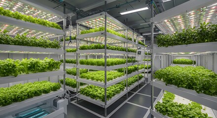 Indoor vertical farm showcases sustainable agriculture with thriving leafy green crops and efficient LED lighting for food production