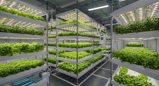 Indoor vertical farm showcases sustainable agriculture with thriving leafy green crops and efficient LED lighting for food production