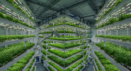 Vertical farming technology showcasing layers of green leafy crops grown indoors with robotic arms and LED lighting systems.