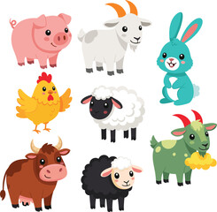 Obraz premium Cute cartoon farm animals collection including pig, goat, bunny, chicken, cow, sheep in colorful flat vector style for kids education and nursery design