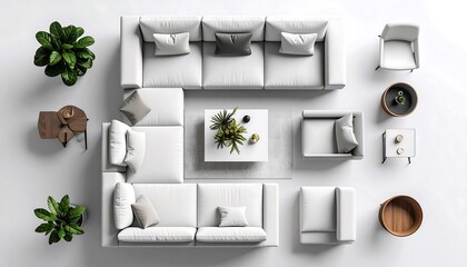 Top-down view of a modern white living room set