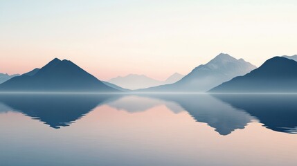 Serene mountain range reflected in calm lake at dawn.