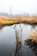 Foggy Landscape with Grasses Growing in Still Water Reflection