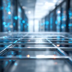 High-tech cybersecurity mockup with a sleek chrome finish and blue data center ambiance.