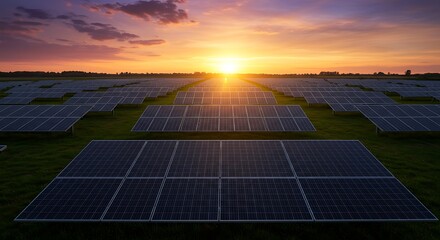 Solar farm at sunset showcases sustainable energy and renewable electricity in a beautiful, agricultural landscape.