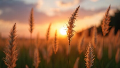Obraz premium Tall grass field with warm golden sunlight on sunset background. Golden rays casting glow on uncultivated nature. Lone tree stands in middle ground.