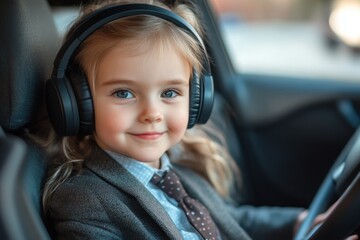 Child in car, wearing headphones and business suit