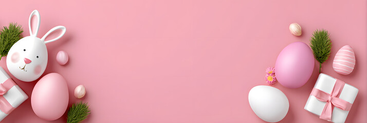 Cute Easter bunny with eggs and wrapped gifts on pastel pink. Ideal for holiday cards, children’s themes, and seasonal ads.