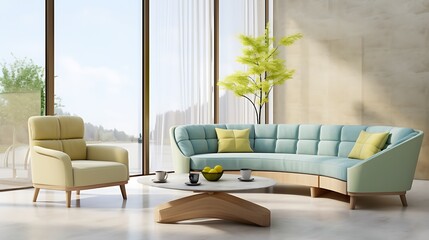 Neutral minimalist lounge with a sky blue L-shaped sofa, chartreuse green fabric armchair, light beige raw plaster wall treatment, and circular wood-and-glass center table, full-frame layout,