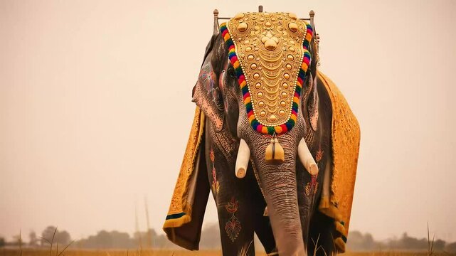 Decorated Elephant in a Traditional Ceremony Parade Against Cloudy Sky